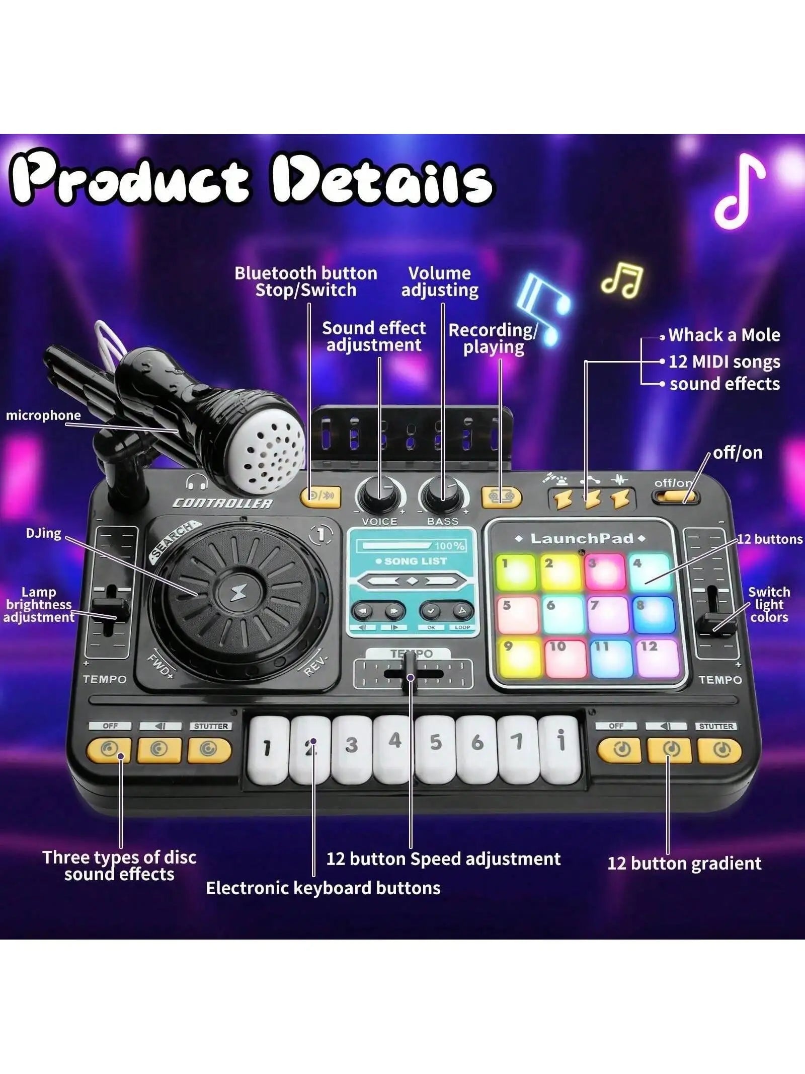 DJ Mixer for Kids, Toddler DJ Mixing Table with DJ Turntable, Game Mode, Light & Speed Control and Microphone, Gifts for 3 4 5 6