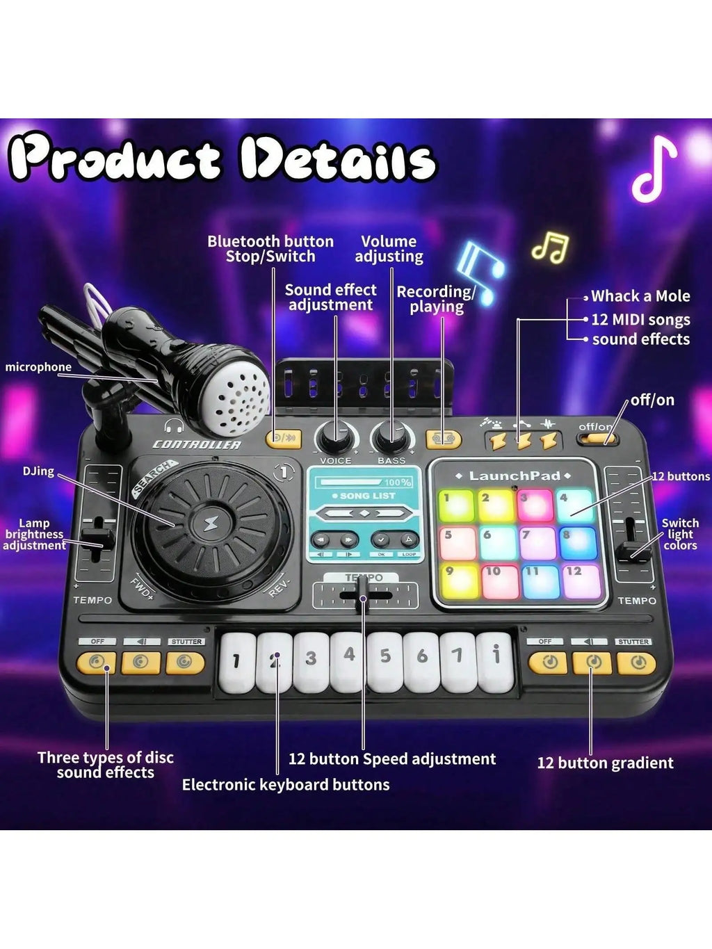 DJ Mixer for Kids, Toddler DJ Mixing Table with DJ Turntable, Game Mode, Light & Speed Control and Microphone, Gifts for 3 4 5 6