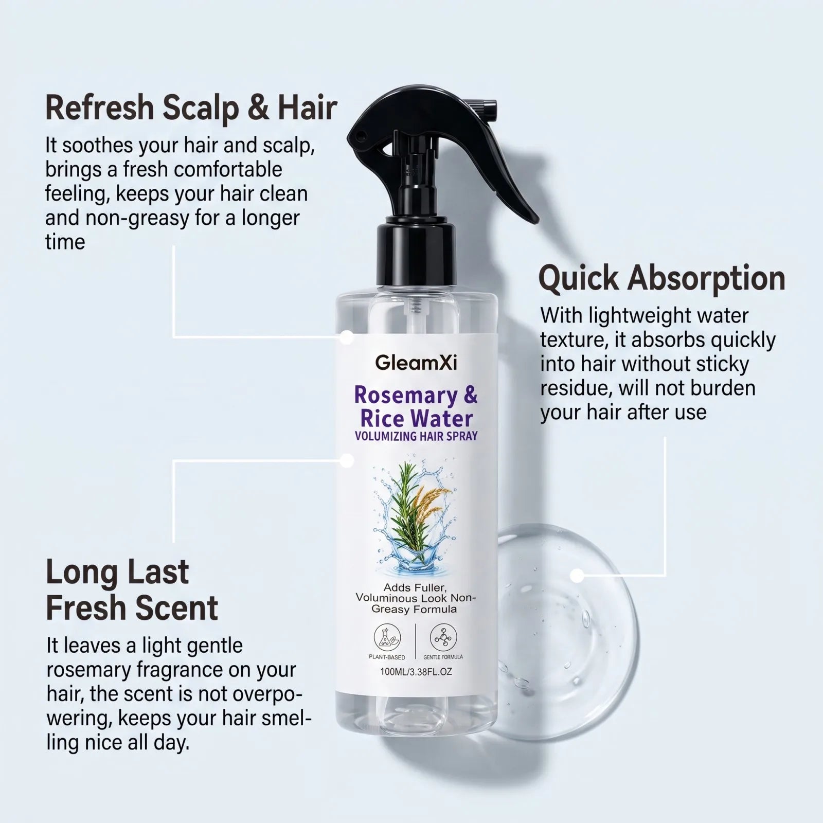 Rosemary Rice Water Volumizing Hair Spray Non Greasy Quick Absorption Smooth Nourish Flat Hair  Softer Smoother-Looking Hai
