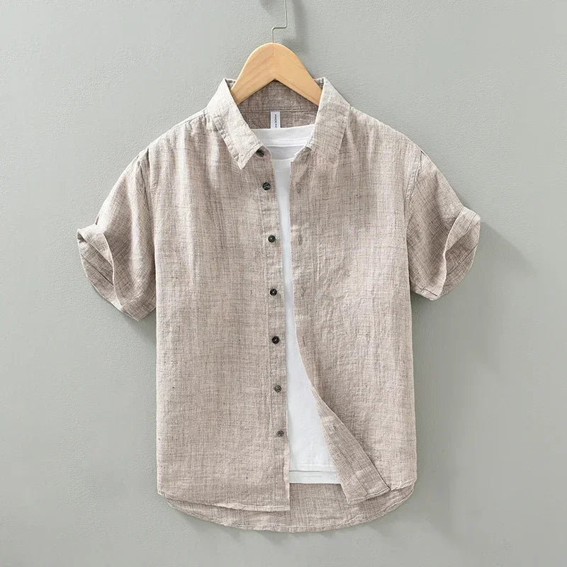 Pure Linen Casual Shirts Men Casual Fashion Solid Short Sleeve Shirt Man Large Size Button-up Shirt