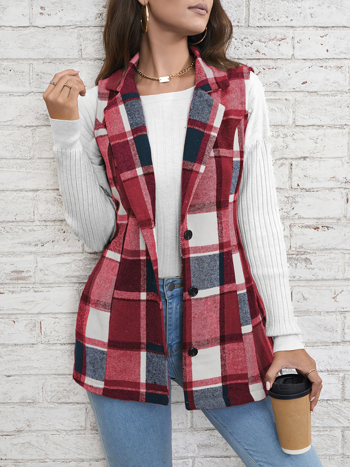 Europe America Hot selling women's elegant commuting lapel single breasted multicolored plaid spring and autumn vest