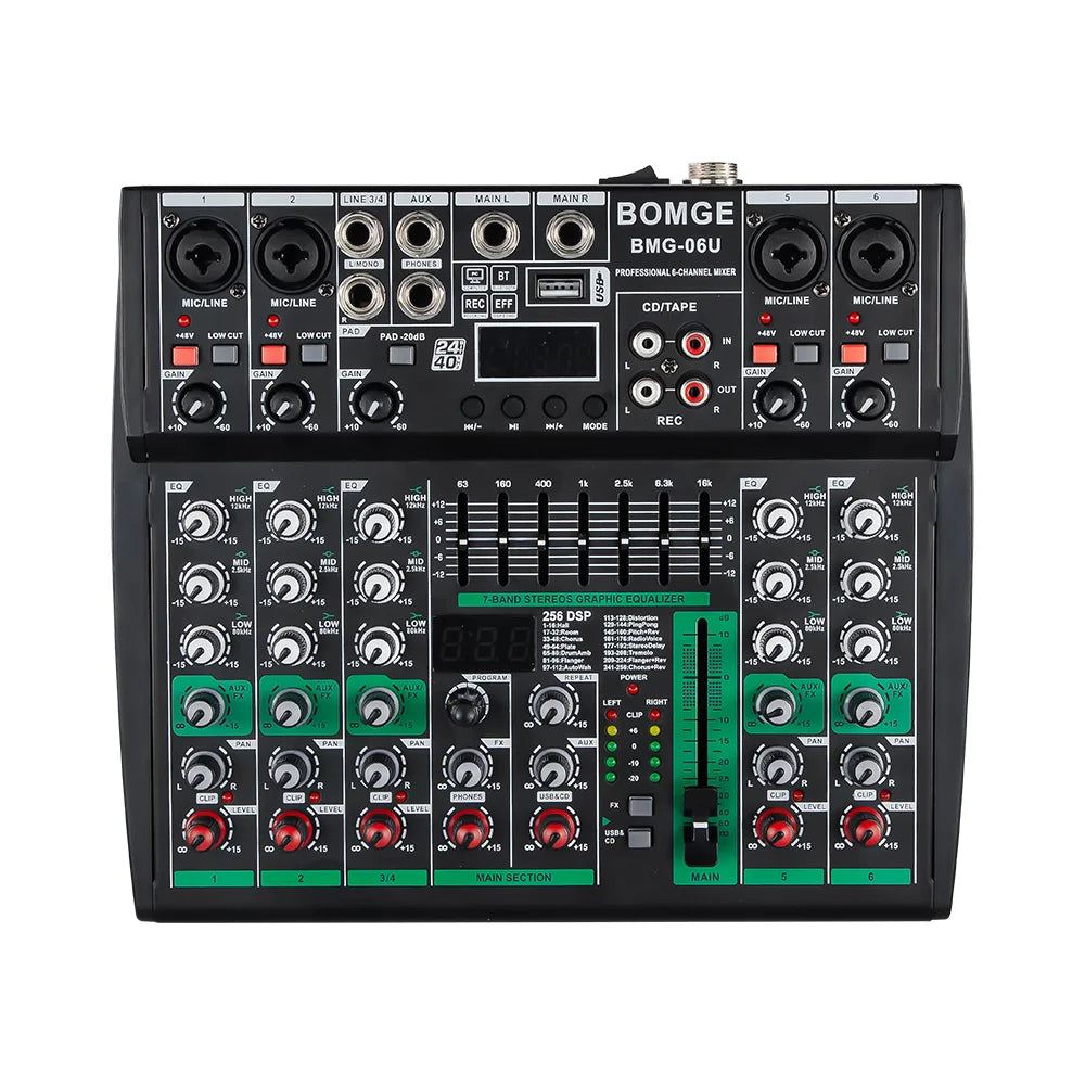 BOMGE New Model of Compact Mixer, 256 DSP, with 7 band EQ Master EQ, Full Metal Chassis Design, Can Work with 4, 6, 8 Channel.
