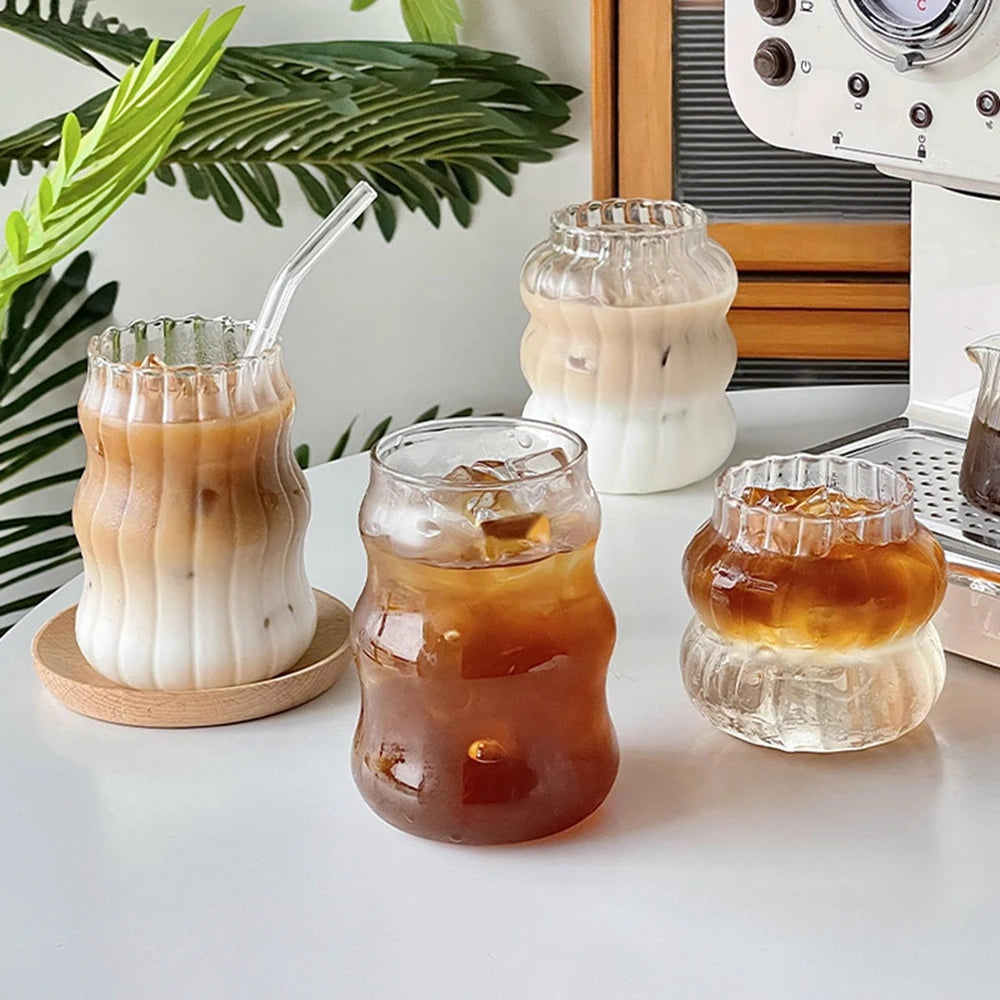 INS Ripple Drinking Glasses 530/410/650ML Origami Style Glass Cup Ribbed Glassware Glass Cups For Tea Coffee Milk Home Office