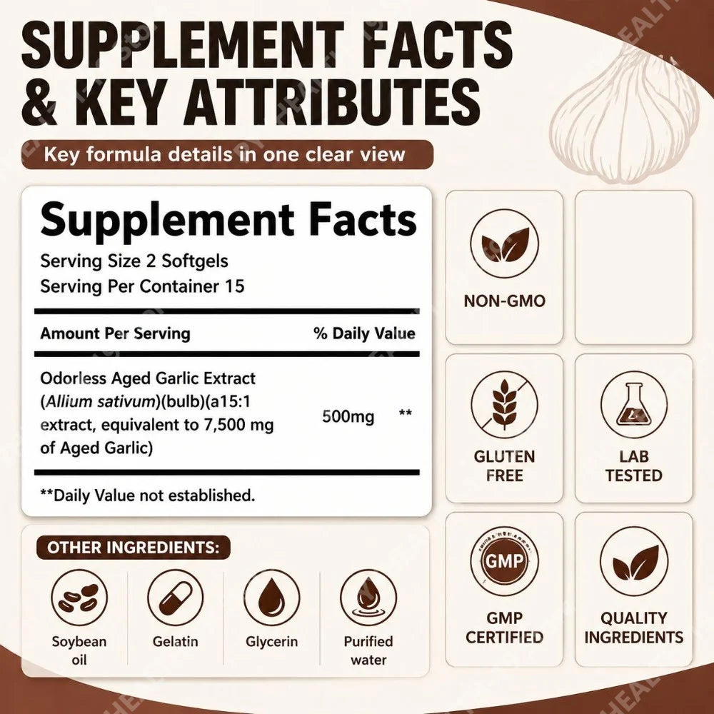Odorless Aged Garlic Extract Softgels 7500mg Equivalent 24-Month Fermented For Immune Cardio Metabolic Support Adult 30 Count