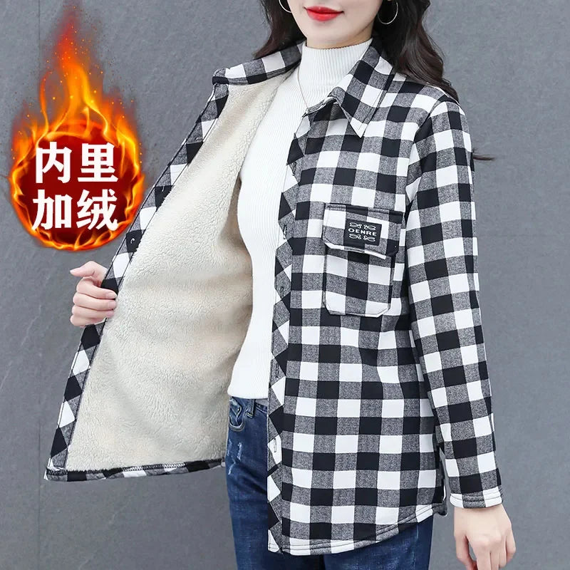 Keep Warm Add Velvet Shirt For Women 2026 New Spring Autumn Winter Fashion Versatile Grid Shirt Jacket Female Blouse Top