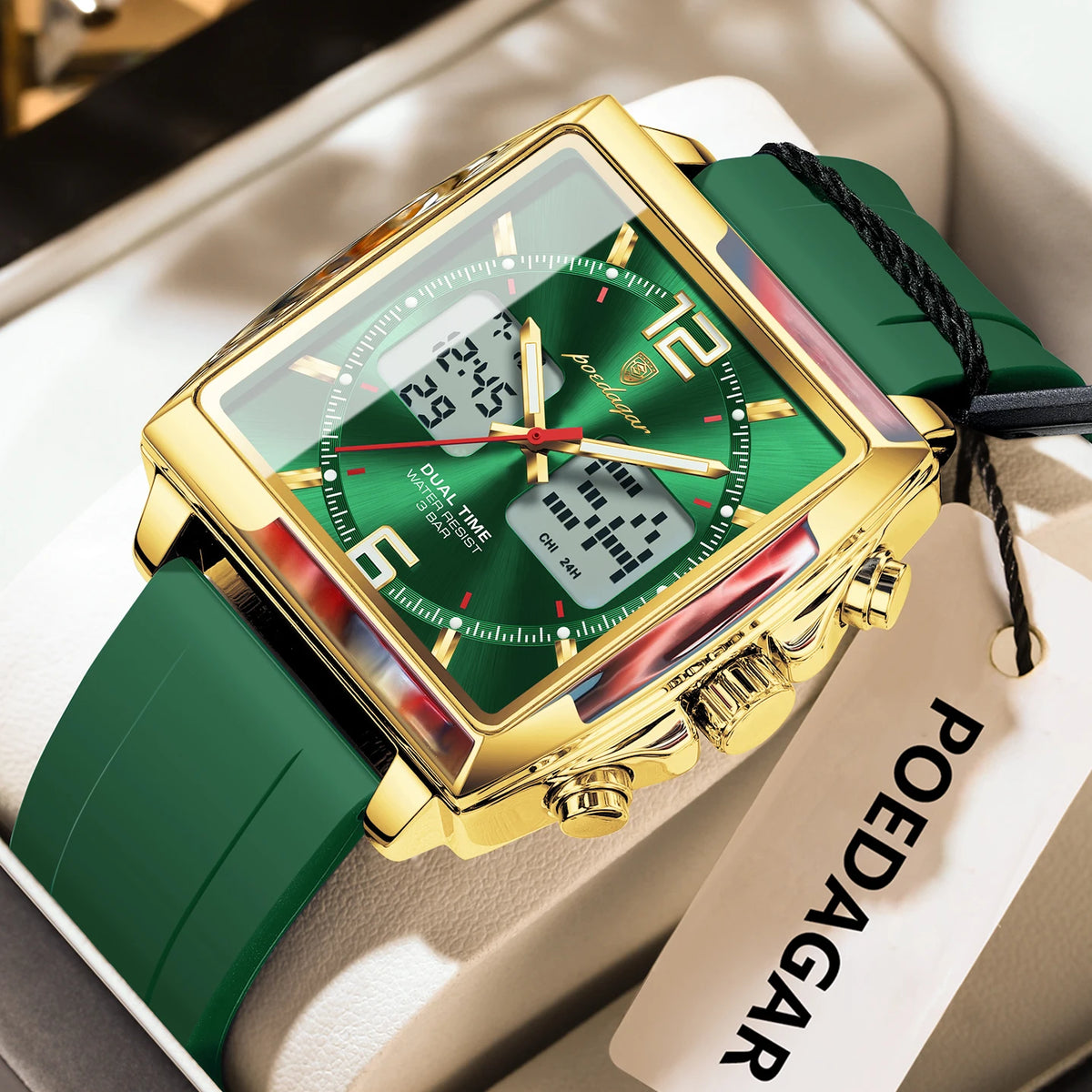 POEDAGAR Luxury Top Man Watch Electronic Square LED Alarm Chronograph Men's Watches Week Date Dual Time Display Men Quartz Clock