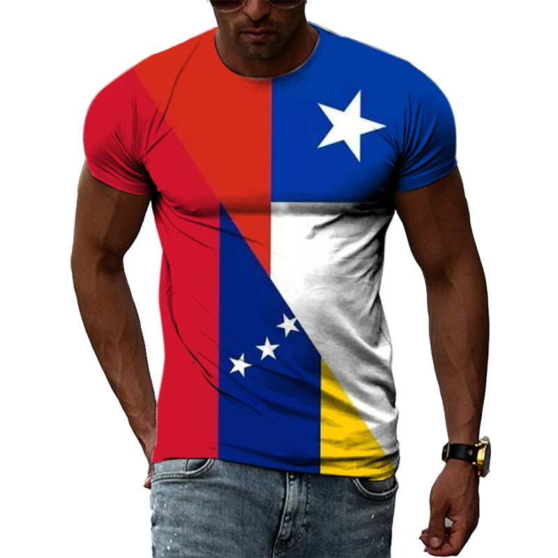 Summer T-shirts For Man 3D Print Hip Hop Harajuku Personality Round Neck Short Sleeve Fashion Natural Scenery Chile map and flag
