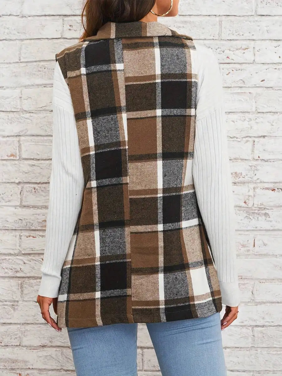 Women's Plaid Lapel Vest Jacket, Casual Longline Blazer with Button Closure