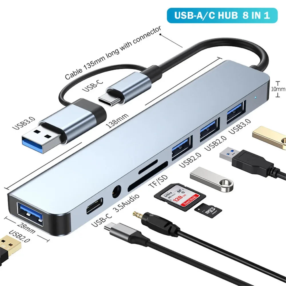 MZX 8 in 1 USB A & Type C Hub Docking Station Multi-Function Adapter with SD/TF Card Reader And Audio for Laptop PC Accessories