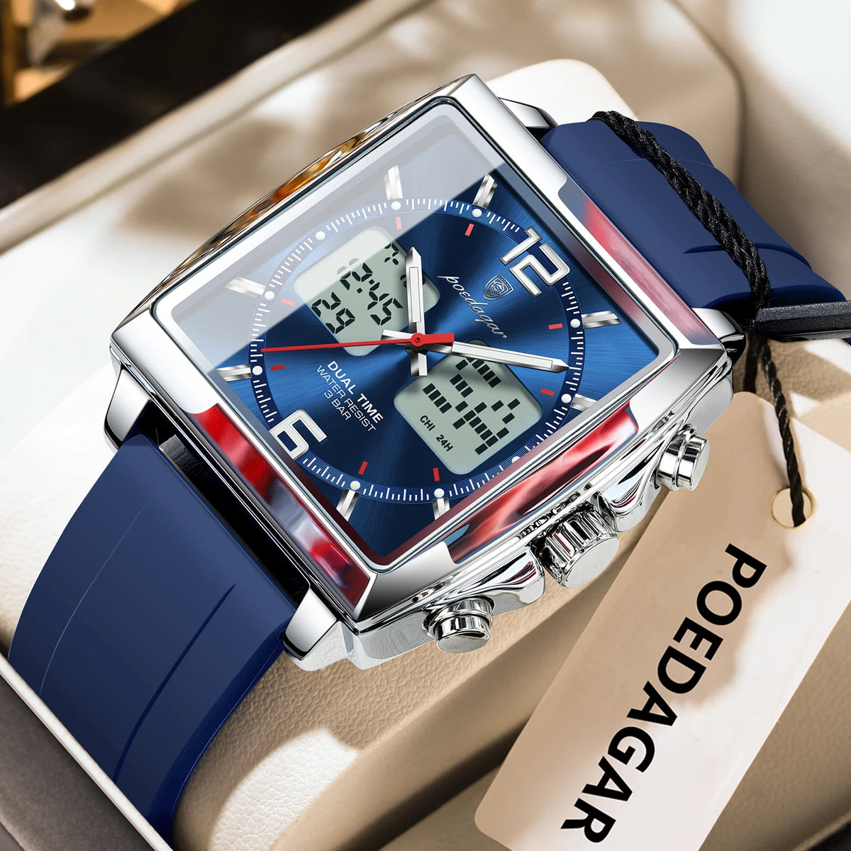 POEDAGAR Luxury Top Man Watch Electronic Square LED Alarm Chronograph Men's Watches Week Date Dual Time Display Men Quartz Clock