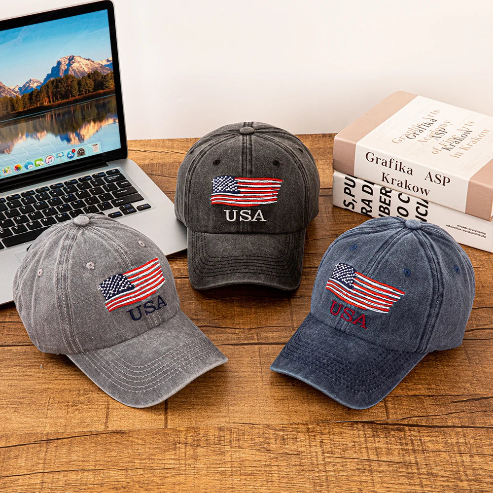 USA American Flag Embroidered Washed Cotton Baseball Cap for Men Women Vintage Adjustable Dad Hat Patriotic Outdoor