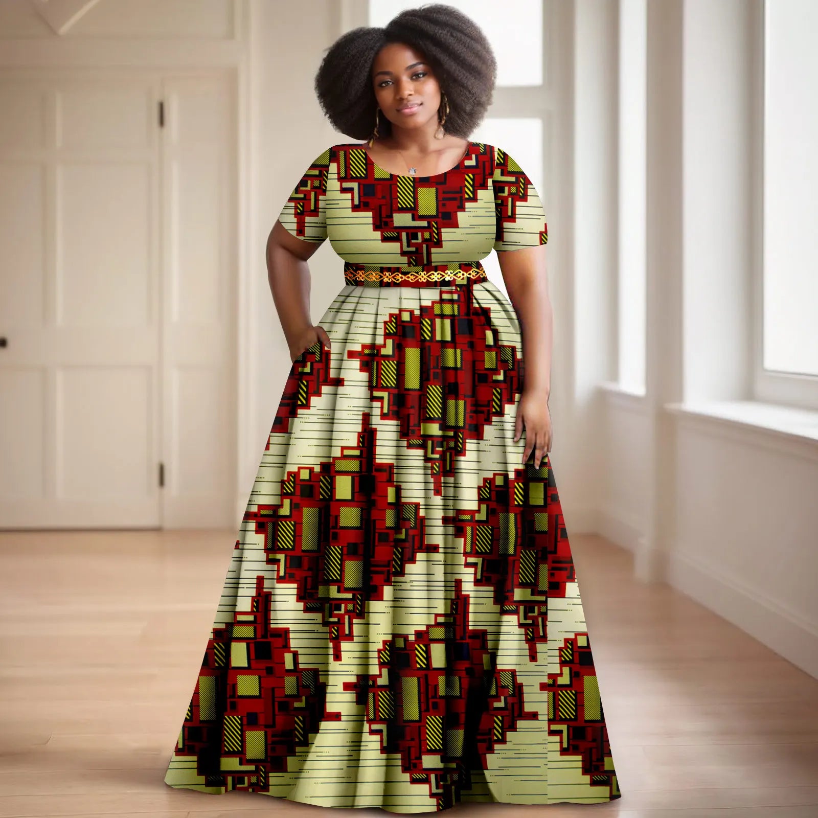 Afripride African Women's Dresses Ankara Batik Short Sleeve Gold Stamped Belt Accessory Dress 2425127