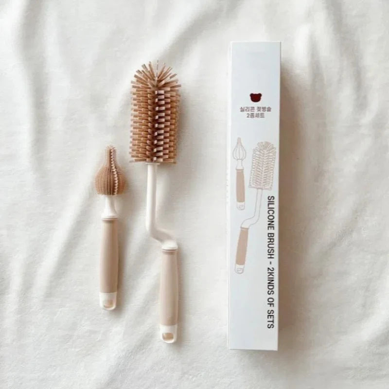 Korean Ins Newborn Bottle Nipple Brush Baby Special Long-handled Cleaning Brush Silicone Cleaning Brush Set