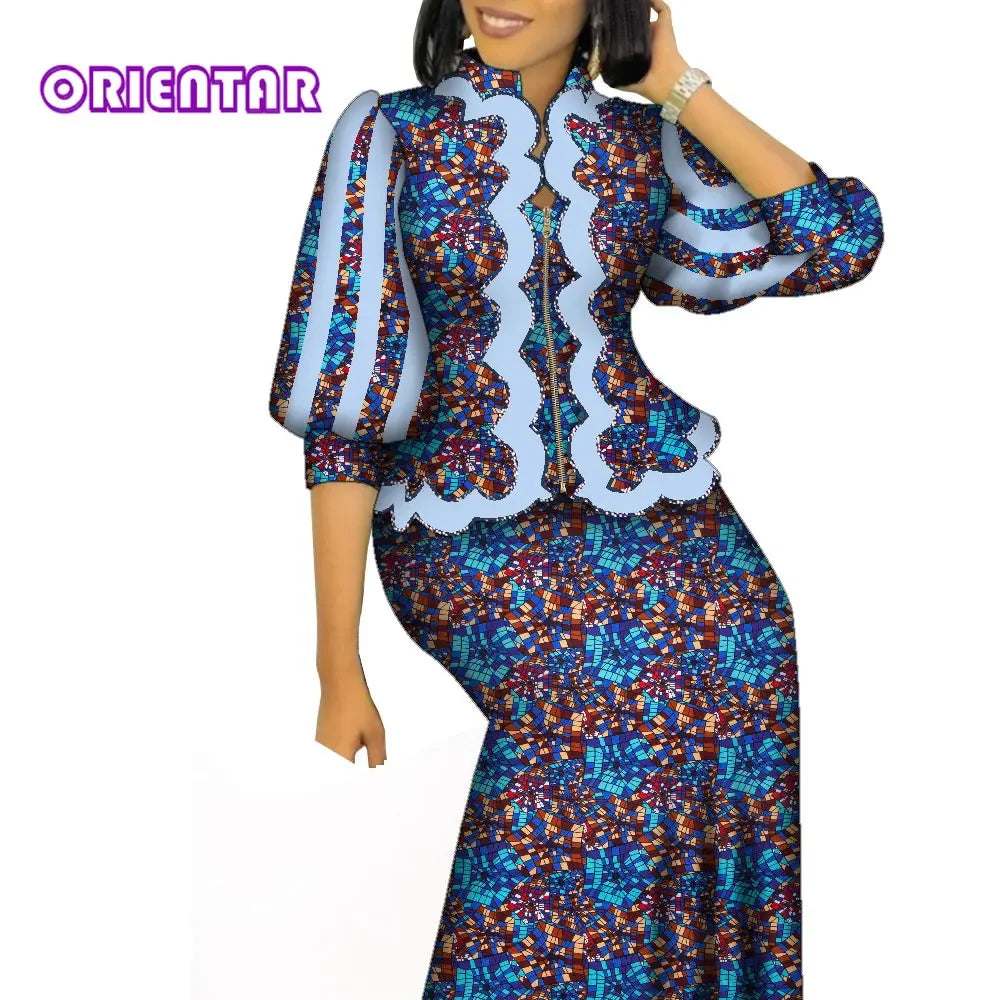African Outfits for Women Matching 2 Piece Set African Print Puff Sleeve Zipper Top and Long Skirts Suits for Women WY1469
