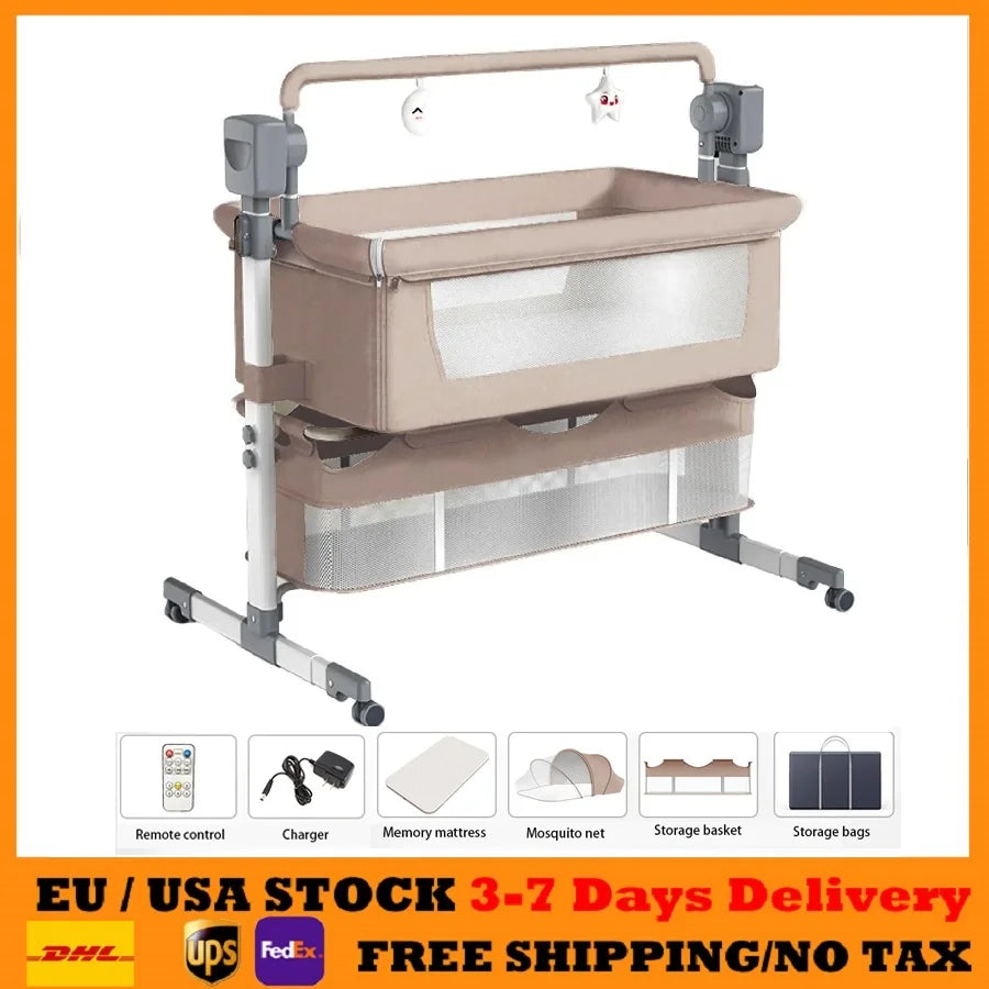 Electric Baby crib, cradle, and baby bed for newborns movable, rocking, smart, and portable crib with Mosquito Net Baby Cot