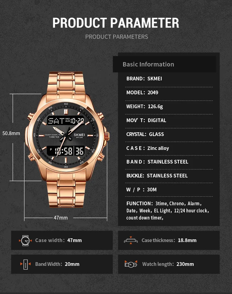 SKMEI 2049 Brand Electronic Watches for Man Fashion Large Dial Wristwatch Luminous Alarm Clock Calendar Casual Men Digital Watch