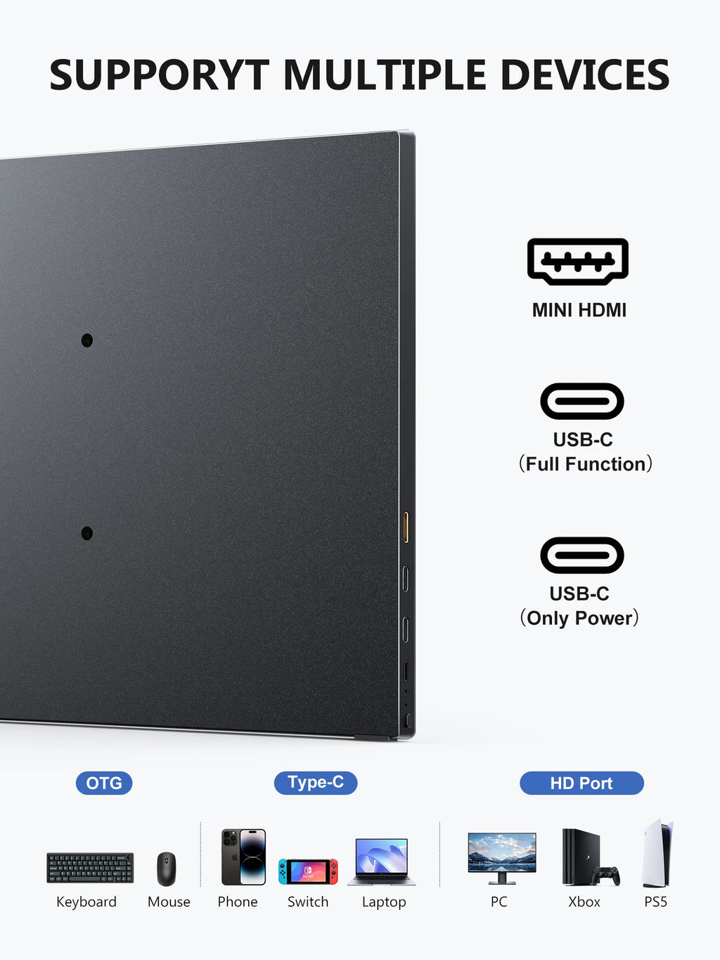 Amoudo 15.6 Inch Portable Monitor 1920x1080P  Extend Display IPS LCD Panel Penhole Stand VESA USBC Mini HDMI Mobile Display