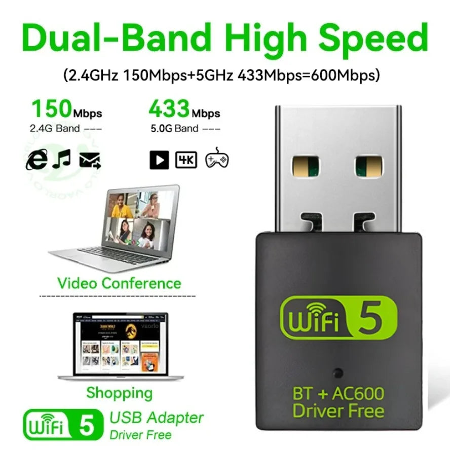 USB WiFi Bluetooth Adapter 600Mbps Dongle Dual Band 2.4G 5GHz Wi-Fi 5 Network Wireless Wlan Receiver Driver Free for PC/Laptop