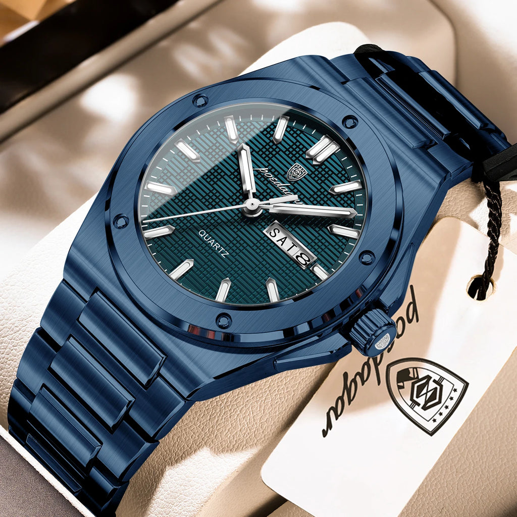 POEDAGAR Business Quartz Men's Clock Date Week Waterproof Luminous Sport Male Watch Stainless Steel Casual Watches For Man Reloj