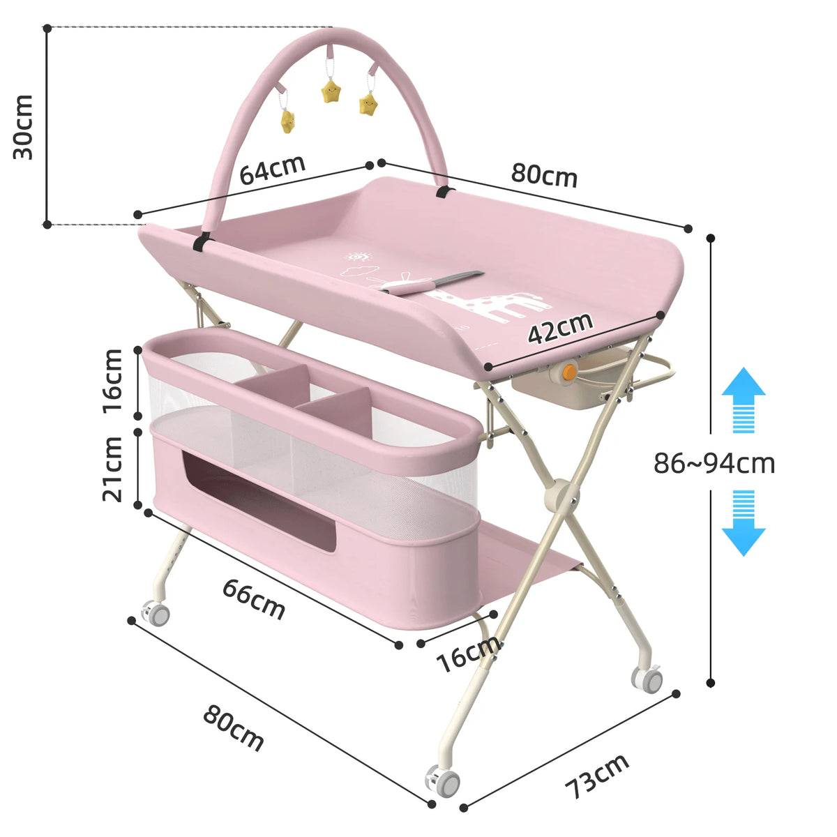 4 in 1 Folding Changing Table, Mobile Changing Unit, Height-adjustable Changing Station With Toy Arch & Storage Basket