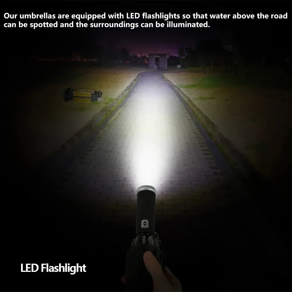 Fully automatic folding waterproof umbrella with LED flashlight and UV protection, wind and rainproof