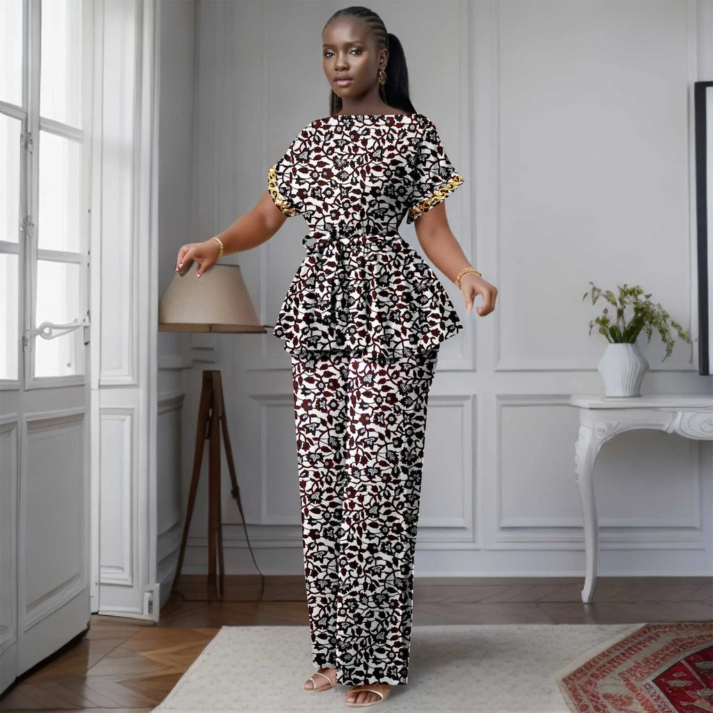 African Women's Printed Ankara Slash Neck Short Sleeve Top Mid-Calf Pants two-piece Set Dashiki Casual Party