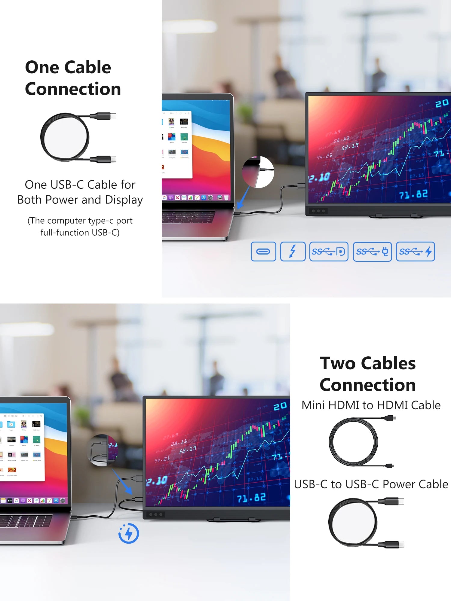 Amoudo 15.6 Inch Portable Monitor 1920x1080P  Extend Display IPS LCD Panel Penhole Stand VESA USBC Mini HDMI Mobile Display