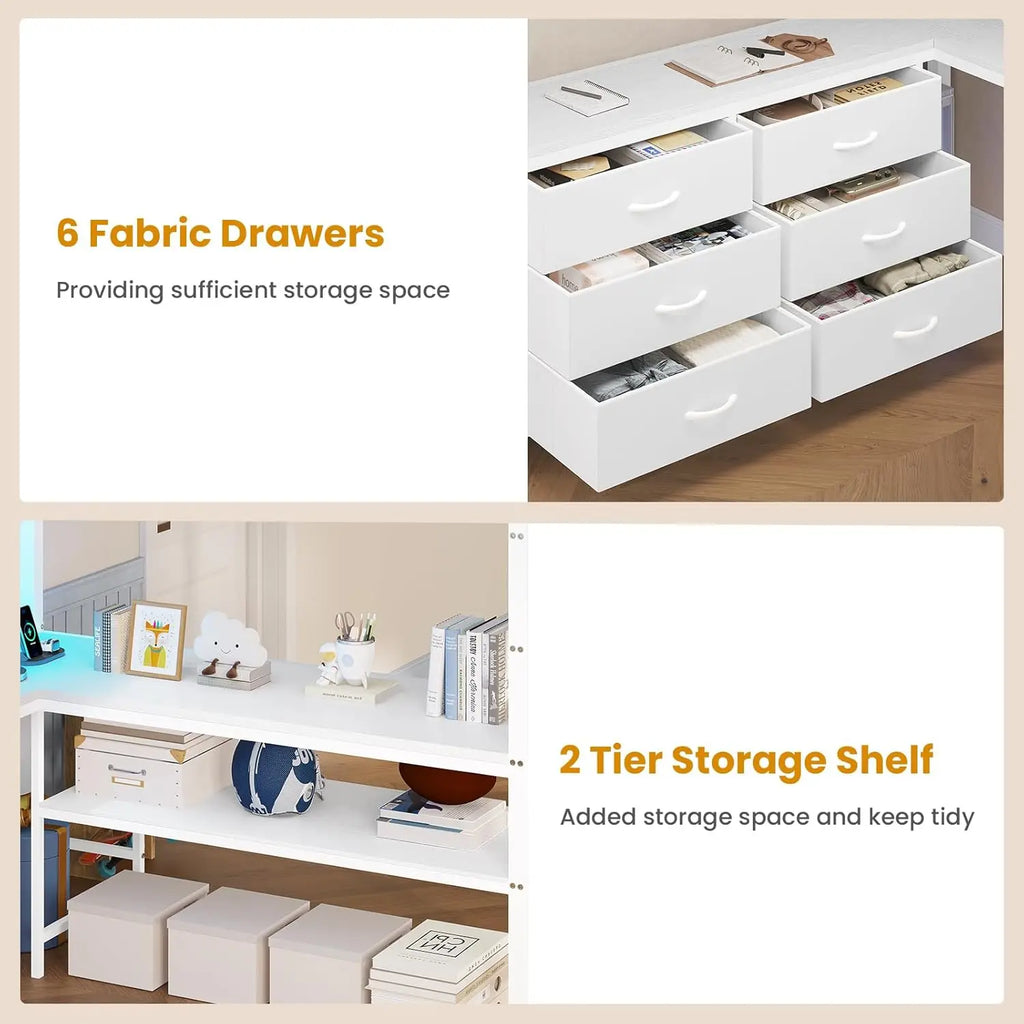 Loft Bed Full Size with U-Shaped Desk, 6 Storage Drawers, Power Outlet, LED Metal Loft Bed with 2 Storage Shelves,White
