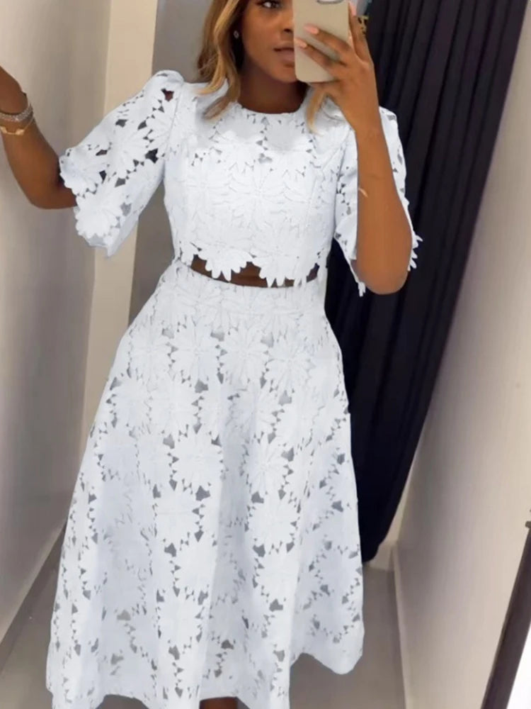 Skirt and Top Two Piece Set Women Sweet Style Appliques Hollow Out Ladies A Line Summer Dress Set Wholesale Dropshipping