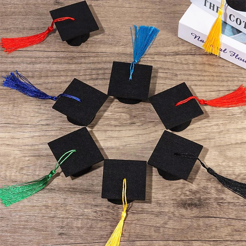 10PCS Mini Graduation Hat Doctoral Cap Costume Top Hat With Tassels DIY Plush Doll Decor Wine Bottle Decoration