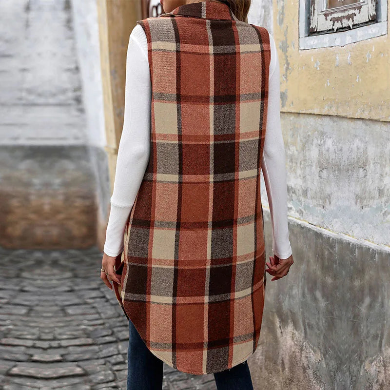 Autumn Winter Plaid Svel Stand Collar Open Cardigan Vest Vintage Long Women's Jaet Mid-Length Striped Floing