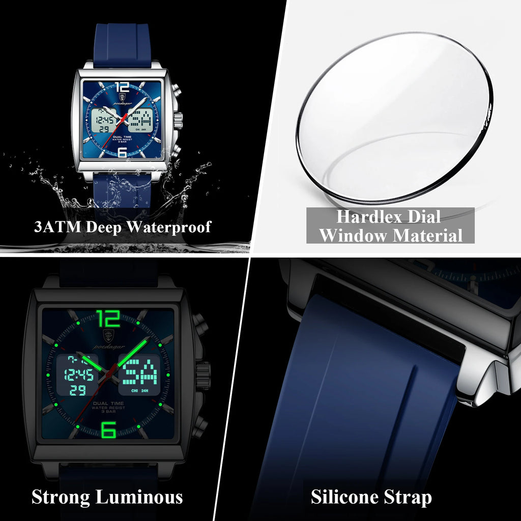 POEDAGAR Luxury Top Man Watch Electronic Square LED Alarm Chronograph Men's Watches Week Date Dual Time Display Men Quartz Clock