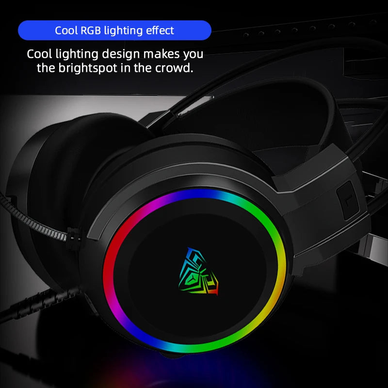 AULA S608 Wired Gaming Computer Headset USB/3.5mm RGB Backlight Noise Reduction Esports Gamer Headset with Mic for PC Laptops