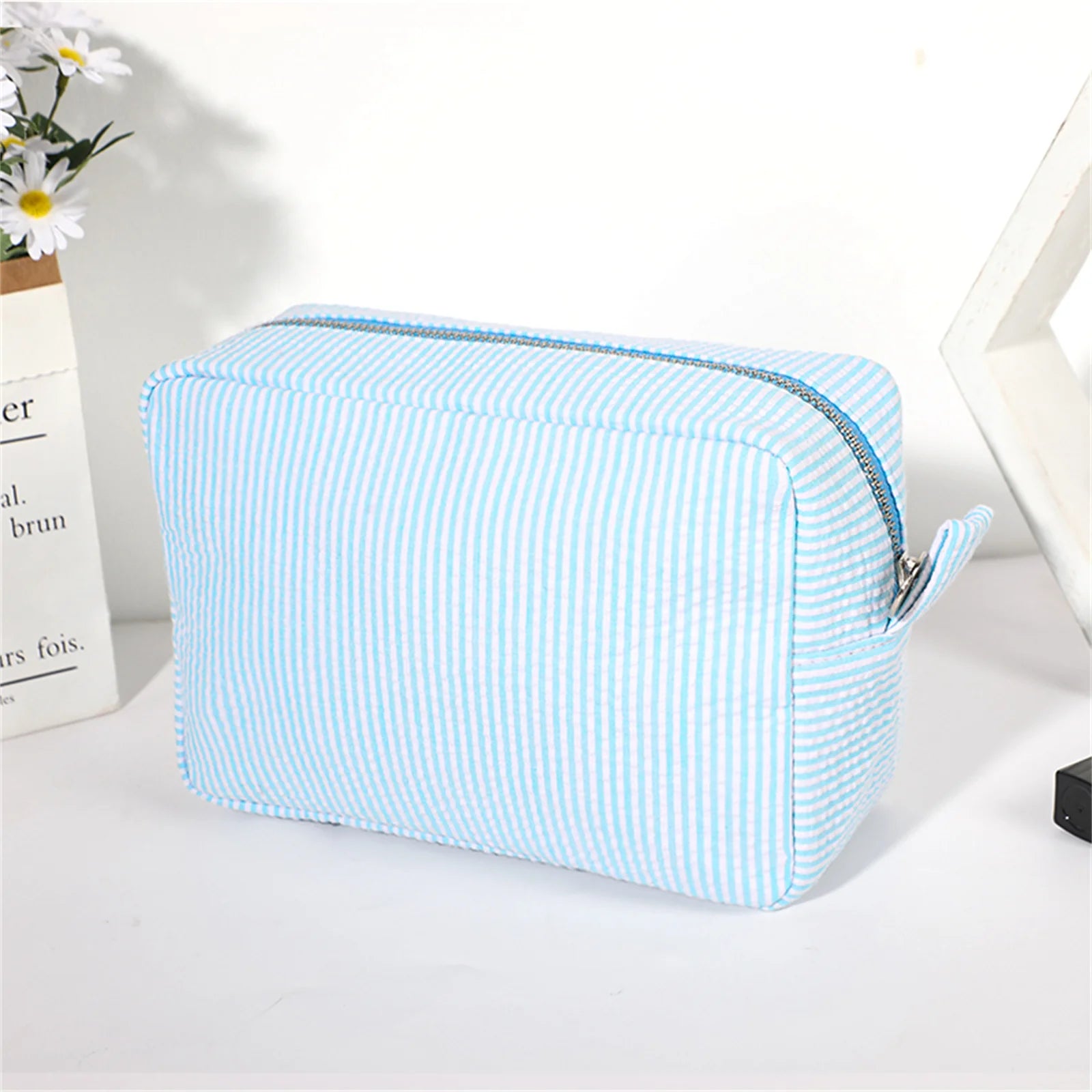 Seersucker Cosmetic Bag For Women Storage Makeup Bags Embroidery Toiletry Bag Bridesmaid Gift