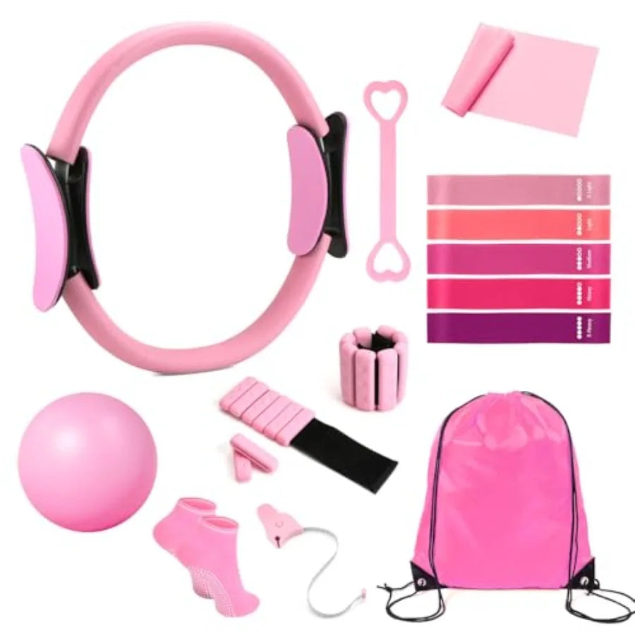 Home Pilates Kit 14 PCS Pilates Ring and Ball Set with Adjustable Ankle Wrist Weights and Resistance Bands for Women Workout Se