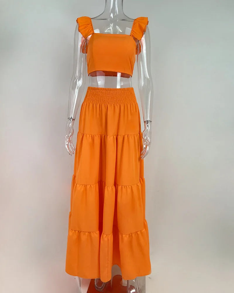 VEITCHE Summer Women Sexy Solid Two Suit Dress Women's Casual Loose Top Maxi Dress 2 Piece Set Female Elegant Holiday Sets