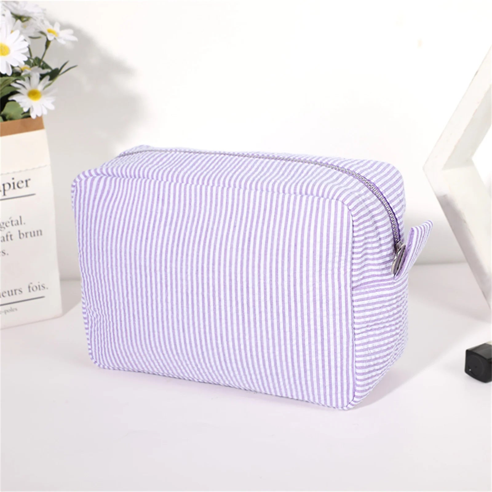 Seersucker Cosmetic Bag For Women Storage Makeup Bags Embroidery Toiletry Bag Bridesmaid Gift