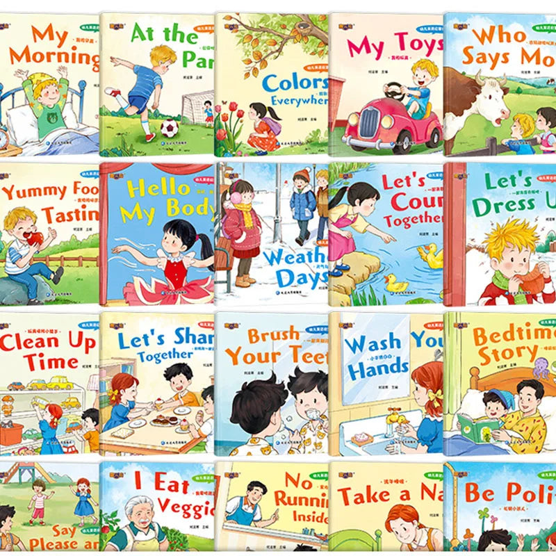 20PCS Kids English Enlightenment Picture Books Set Cognitive Habit Bilingual Storybooks for Toddlers Preschool Learning