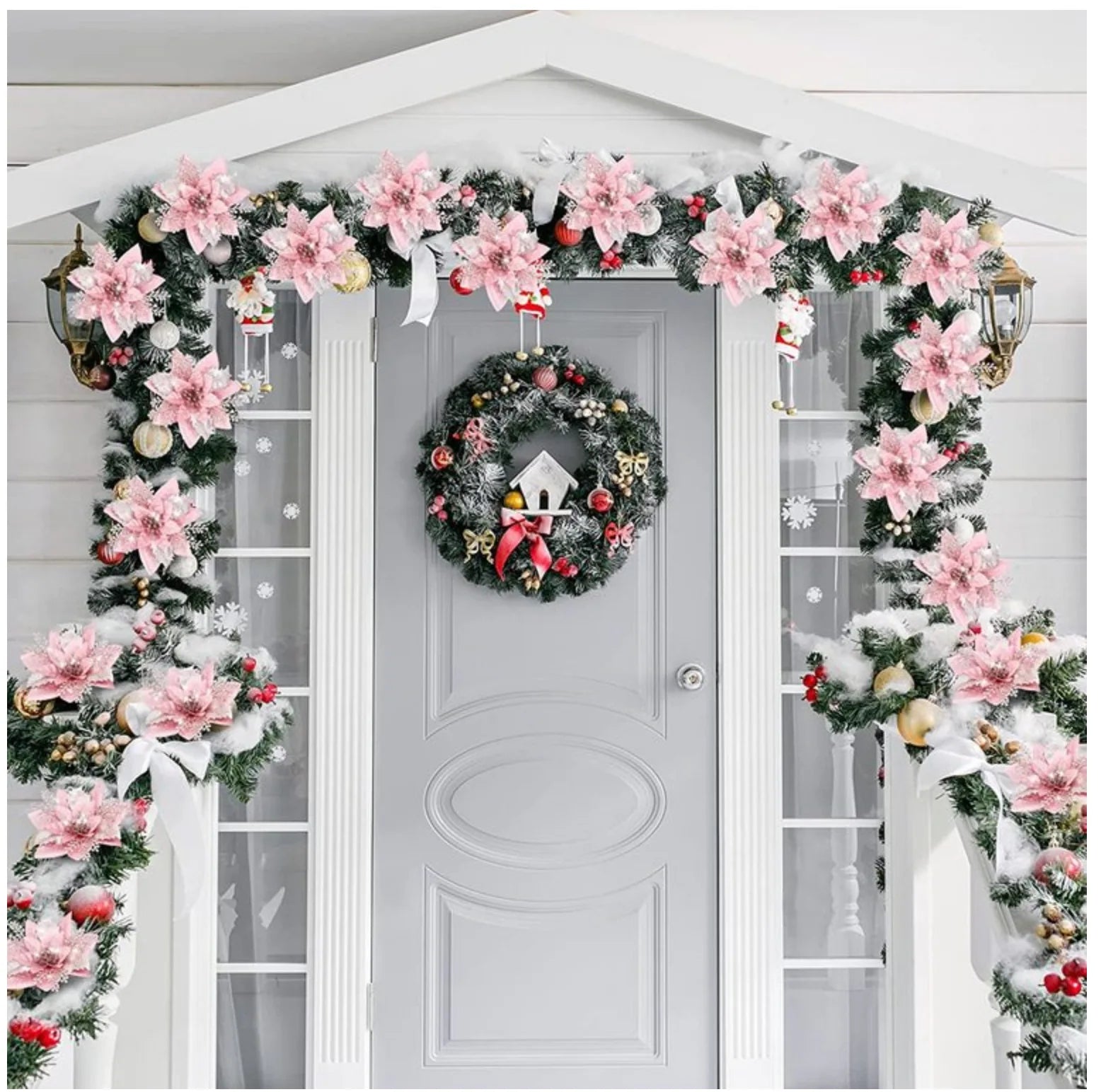 30pcs Glitter Pink Christmas Flowers Xmas Tree 14cm Artifical Flower Ornaments 2023 Merry Christmas Decoration For Home New Year