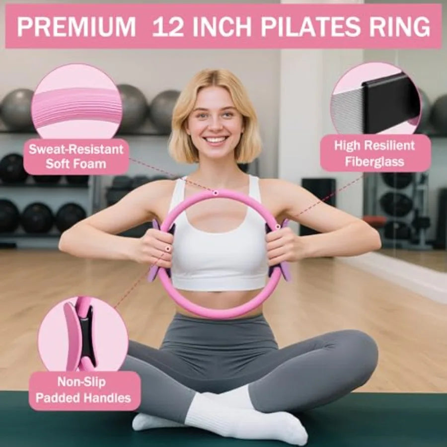 Home Pilates Essentials Kit for Women Pink Ring and Ball Pilates Set Equipment Magic Circle with 5 Resistance Bands Premium Acc