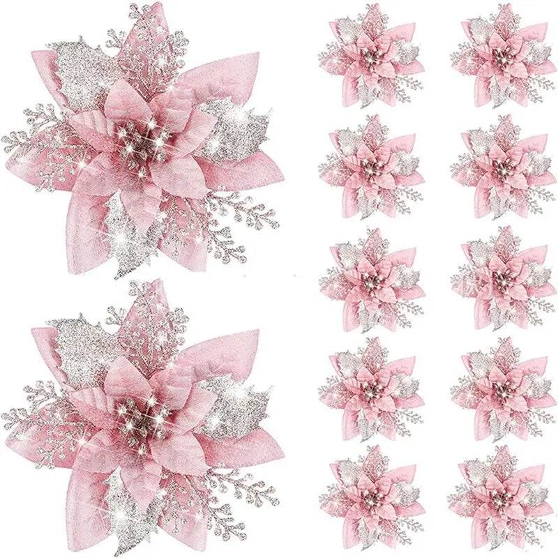 【EFFICIENT 】40PCS 14.5Cm Glitter Artificial Christmas Flowers Merry Christmas Tree Decoration Happy New Year Ornaments Xmas,A