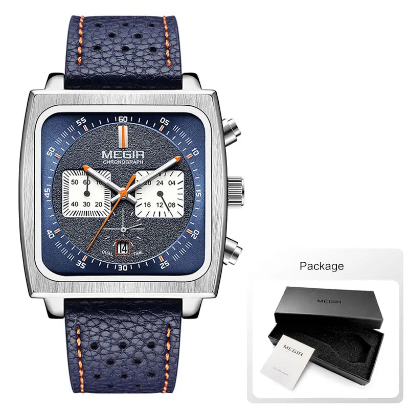 MEGIR Sport Quartz Watch Men Silver Blue Chronograph Dress Wristwatch with Stainless Steel Band Auto Date Luminous Hands 24-hour