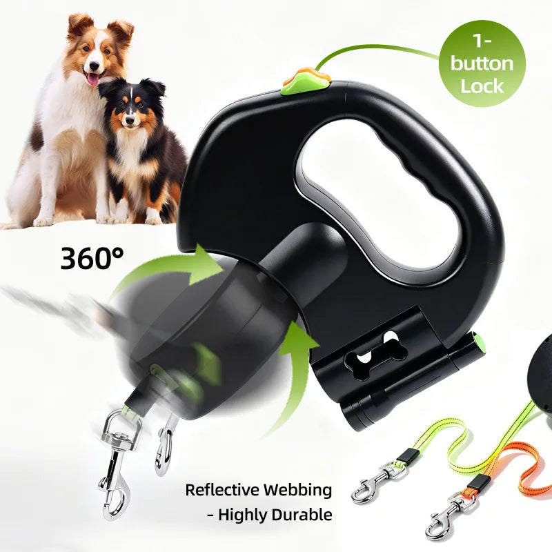 Double-Ended Pet Leash With LED Flashlight One-Hand Operation For Outdoor Walking Automatic Small Medium Dog walkies Lead