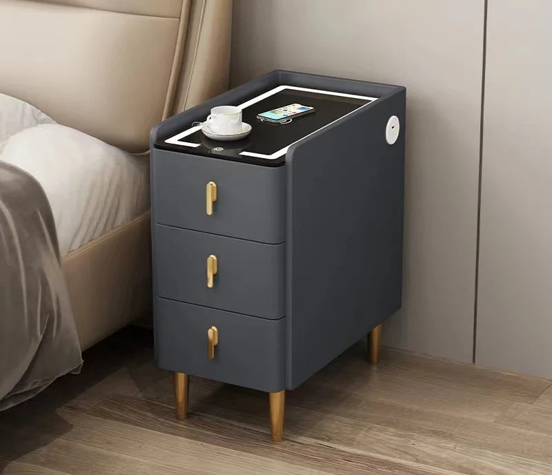 Modern Style Intelligent Wooden Bedside Table with Wireless Charging Faux Leather 3 Drawers 25cm Nightstands Storage Cabinet