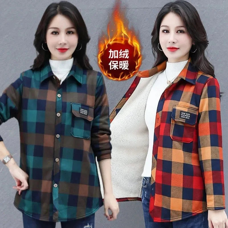 Middle Aged Women Shirt Tops Add Velvet Thicken Warm Plaid Shirt 2026 Spring Autumn Winter Casual Shirt Jacket Bottoming Shirt