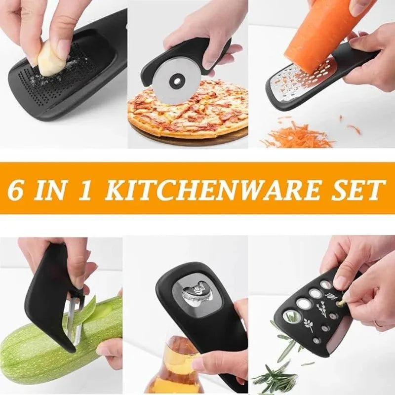 6pcs Kitchen Gadgets Set Cheese Bottle Opener Vegetable Peeler Pizza Cutter Garlic Grinder Herb Stripper Camp Cooking Supplies