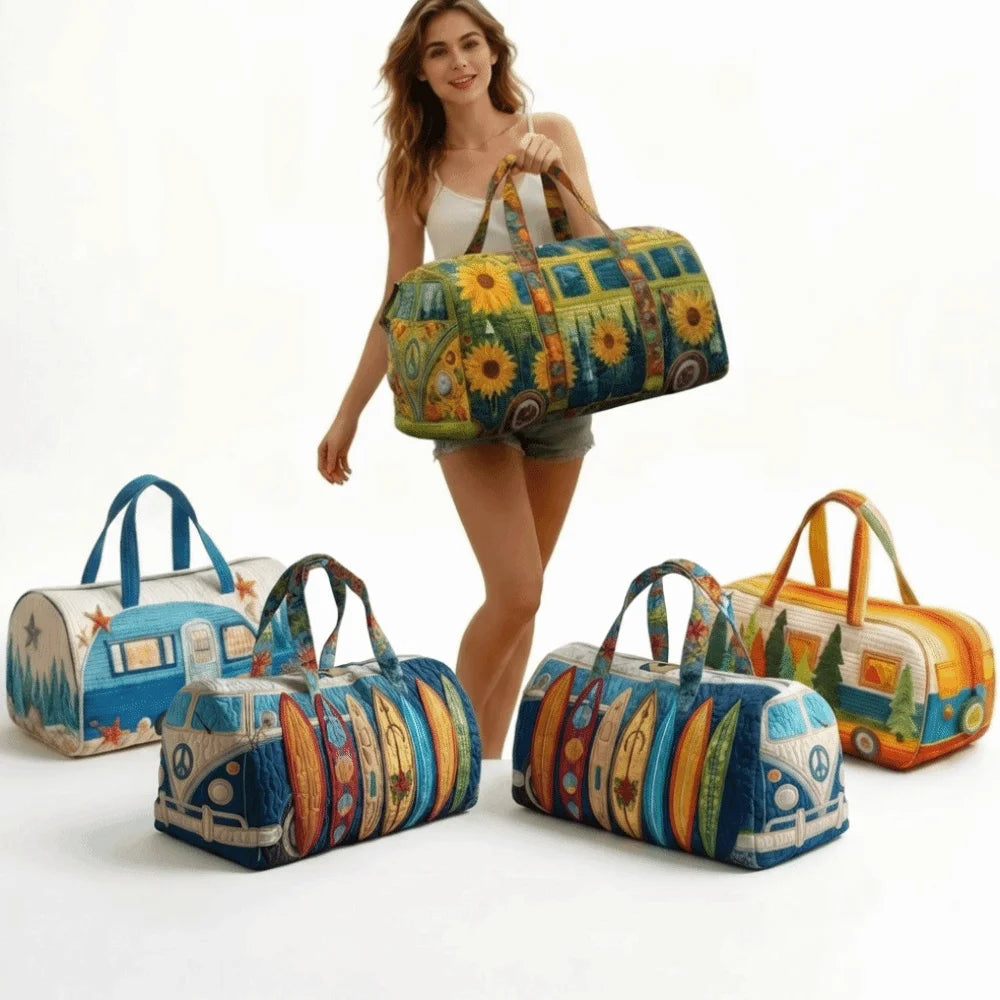 Trendy 3D Quilted Duffle Bag Bus Design Large Capacity Travel Handbag Retro Boho Multifunctional Gym Tote Bag Daily Outings