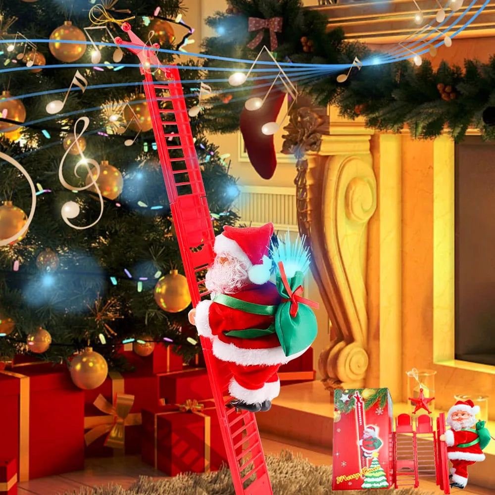 Electric Climbing Ladder Santa Claus Doll with Music, Christmas Tree Hanging Ornament, 2026 New Year Home Decor, Kids Xmas Gift