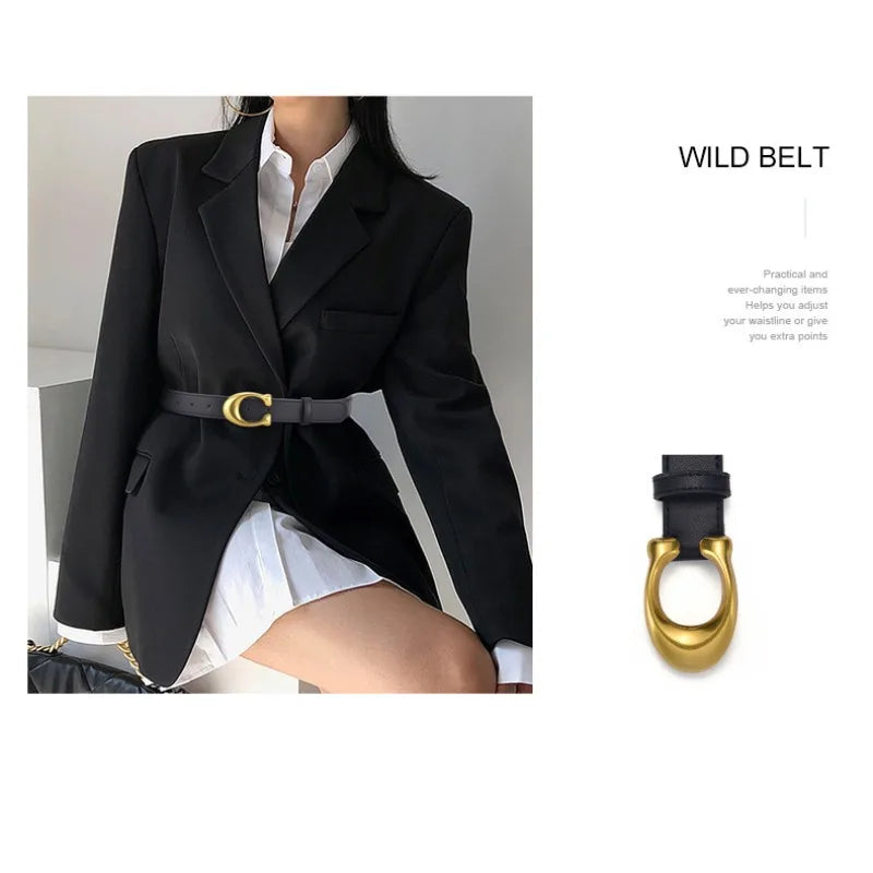 Ladies' belts are fashionable and versatile. Jeans are decorated with belts. Women's ins style black cowhide belts simple style