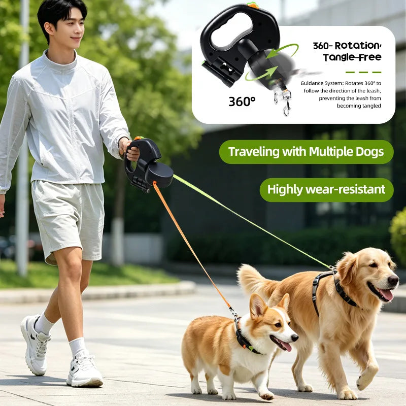 Double-Ended Pet Leash With LED Flashlight One-Hand Operation For Outdoor Walking Automatic Small Medium Dog walkies Lead